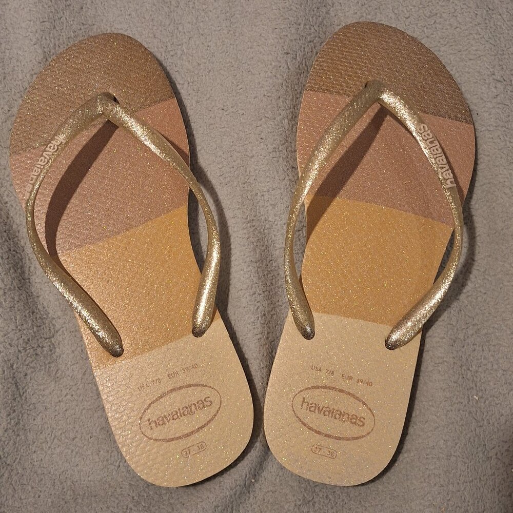 Haviana Flip Flops-Women 7/8 Gold and Brown-Glitter Sparkles Bling-Like New